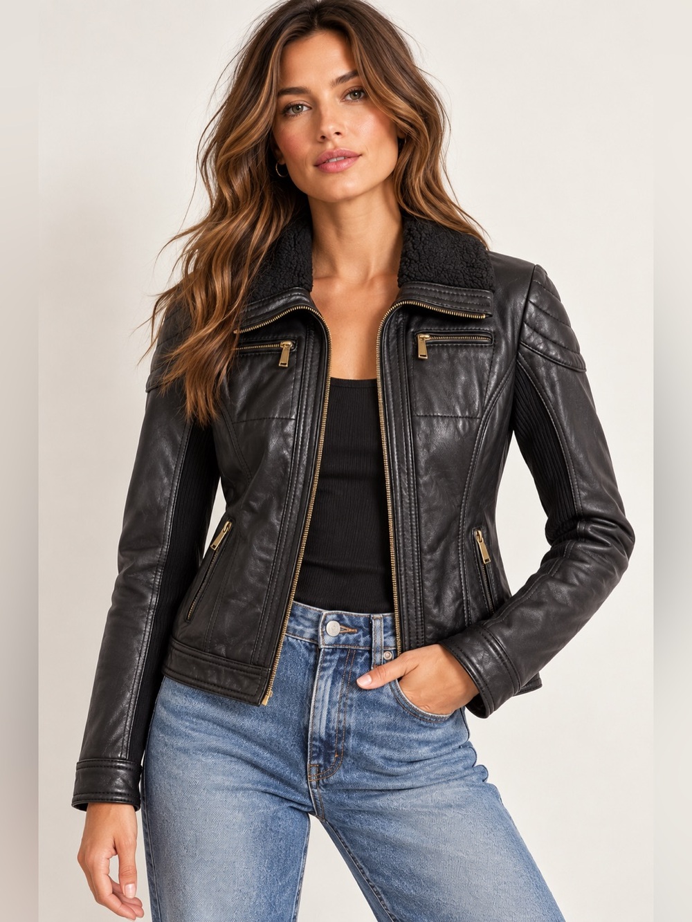 Wilsons Leather Genuine Leather Moto Jacket XS Faux Fur Knit Sleeve Black